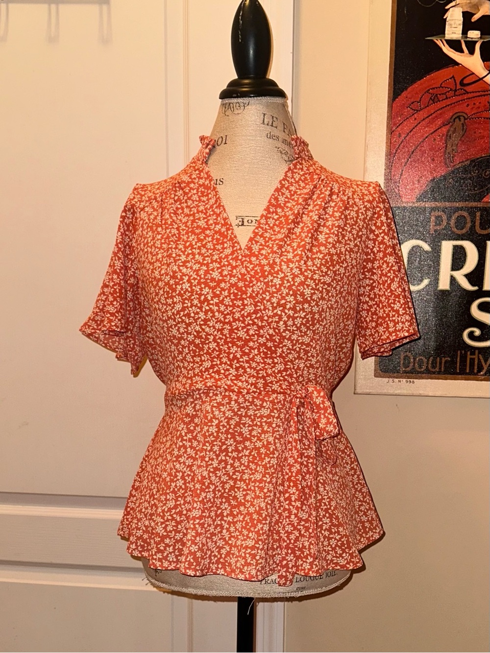 Monteau Rust Orange Floral Wrap Peplum Blouse